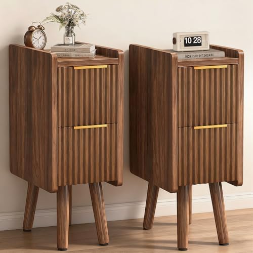 7.9" Narrow Fluted Nightstand Set of 2, 20.6" H Small Side Table, Walnut by ELYKEN