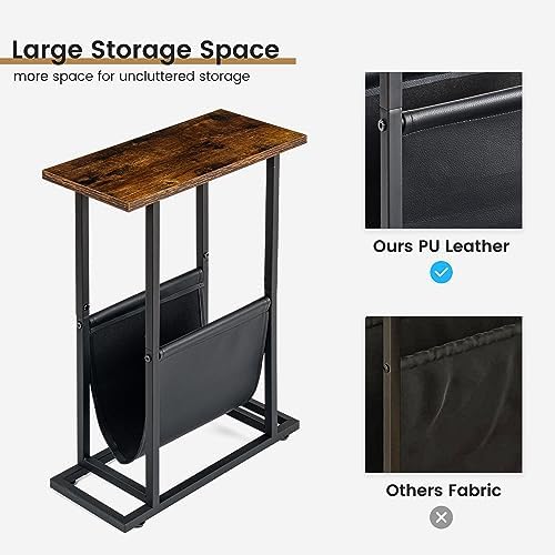 FLYJOE Narrow Side Table with PU Leather Magazine Holder Rustic Slim Little Thin Table for Living Room, Bedroom, Sofa, Rustic Brown - Image 5
