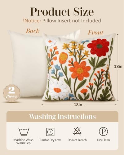 Embroidered Throw Pillow Covers 18x18 Inch, 2Pack, Flower Cluster - Image 4