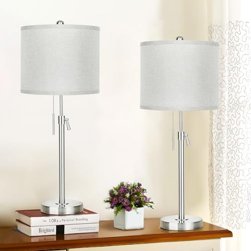 Qingmiao Table Lamps for Bedrooms Set of 2, 22" to 30" Height Adjustable Nightstand Lamps with Linen Shade, Pull Chain Switch Lamps for Living Room, 3 Way Dimmable Bedside Lamp by Qingmiao