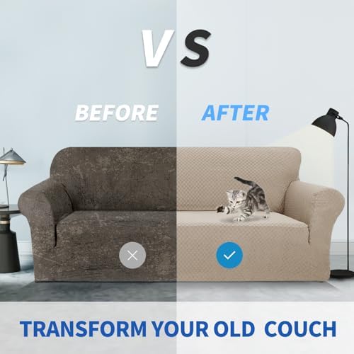 ZNSAYOTX 1 Piece Jacquard Couch Covers for 2 Cushion Couch High Stretch Loveseat Slipcover for Pets Dogs Anti Slip Love Seat Sofa Slipcover Furniture Protector (Loveseat, Khaki) - Image 5