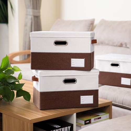 PRANDOM Foldable Storage Bins with Lids [3-Pack] Fabric Collapsible Storage Boxes Baskets Cubes Containers with Handles for Closet Living Room Bedroom (Brown & White 17.7x11.8x11.8'') - Image 2