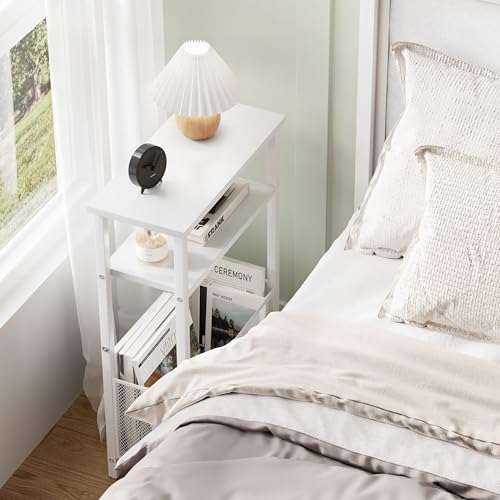 MMEOLUOOK Narrow Side Table with Storage Basket Skinny End Tables for Smalls Spaces 3 Tier Sofa Table Small Nightstand Slim Bedside Table for Living Room Bedroom White MLBZ22W - Image 5
