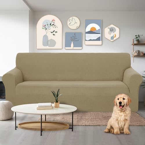 U-NICE HOME Stretch Couch Cover Slipcover for 3 Cushion Sofa, Sand - Image 2