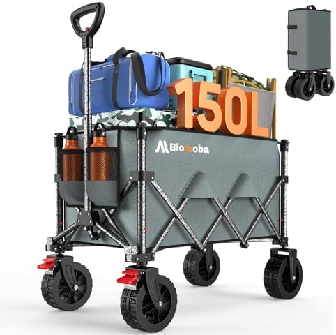 Blomoba Collapsible Wagon Cart, 150L Foldable Wagon with Wide Wheels, Grey by Blomoba