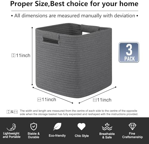 OIAHOMY Storage Cubes 11 Inch Storage Bins 3-Pack Square Baskets Dark Grey - Image 3