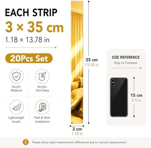 Acrylic Mirror Wall Stickers, Peel and Stick Mirror Strips for Wall Decor, Shatterproof Decorative Mirror Tiles for Entryway, Bedroom, Hallway & Small Space Decor (20, Gold) - Image 2