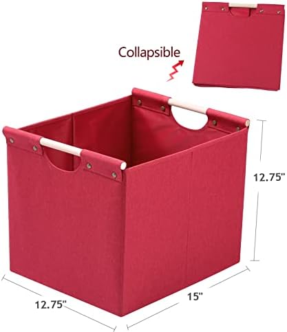HOONEX Large Collapsible Storage Bins, Linen Fabric, Pack of 2, Storage Baskets with Wooden Carry Handles and Sturdy Heavy Cardboard, for Home, Office, Car, Nursery, Red - Image 6