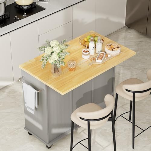 Shintenchi Kitchen Island with Storage, Bar Cart Cabinet Island Table on Wheels, Rolling Microwave Cart for Kitchen with Drop Leaf, Drawers, Towel Rack, Seating Area for Dining Room, Gray - Image 2