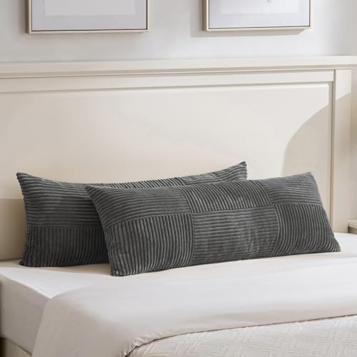Fancy Homi Set of 2 Dark Gray Boho Long Lumbar Body Decorative Throw Pillow Cover 14x36 Inch for Bed Couch Bedroom Bench, Soft Patchwork Corduroy Textured Pillow Case, Rustic Farmhouse Room Décor by Fancy+Homi