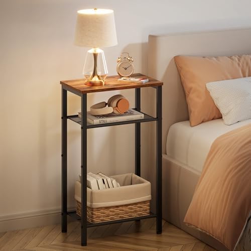 Hoctieon 2-Set 3 Tier End Table, Telephone Table Set of 2, Tall Side Table with Storage Set of 2, Small Nightstand for Small Spaces, Metal Frame, for Living Room, Bedroom, Sofa Couch, Rustic Brown - Image 2