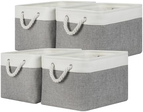 Temary Storage Baskets 4Pack Fabric Storage Bins Clothes Baskets with Rope Handle, Decorative Basket for Gift, Blankets (White&Gray,15x11x9.5 inch) by TEMARY