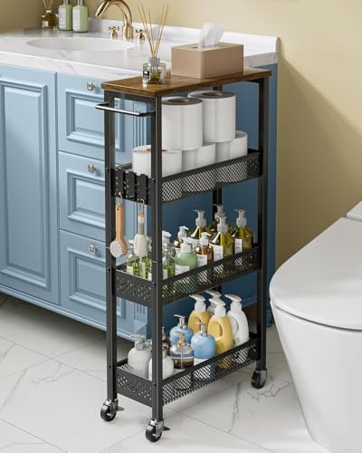 Giwil Slim Rolling Storage Cart 4 Tier Bathroom Organizer Mobile Shelving Unit Utility Cart with Wood Top and Handle for Kitchen Laundry Narrow Places, Black by Giwil