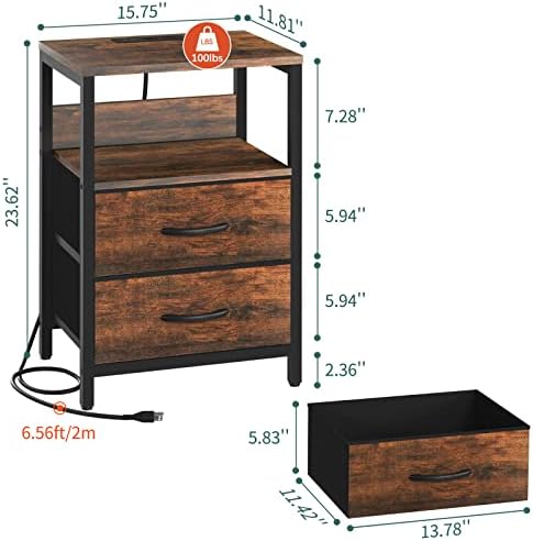 Yoobure Nightstand with Charging Station, Small Night Stand with Fabric Drawers and Storage Shelf for Bedrooms, Small Spaces, Bedside Table with USB Ports & Outlets - Image 3