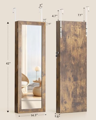 Nicetree 6 LEDs Mirror Jewelry Cabinet, Wall/Door Mounted,Rustic Brown - Image 5