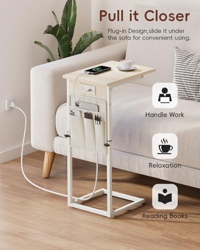 Vagusicc C Shaped End Table with Charging Station, Adjustable Height Side Table for Couch, Small Sofa Table C Table End Table, Slide Under Couch Table TV Tray Arm Table for Living Room, Bedroom, Cream - Image 7