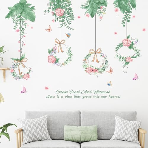 Hanging Green Vine Wall Decals,Succulent Plants Wisteria Floral Flowers Butterflies Birds Wall Stickers, Self-Adhesive Vinyl Removable Living Room Sofa TV Wall Decor by ZARROUEA