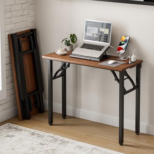 Frylr Small Folding Computer Desk – 35.8 Inch Portable Table for Craft and Study, Lightweight Desk for Small Spaces, Foldable Laptop Table Built-in AC/USB Outlets for Convenience, Dark Walnut by Frylr