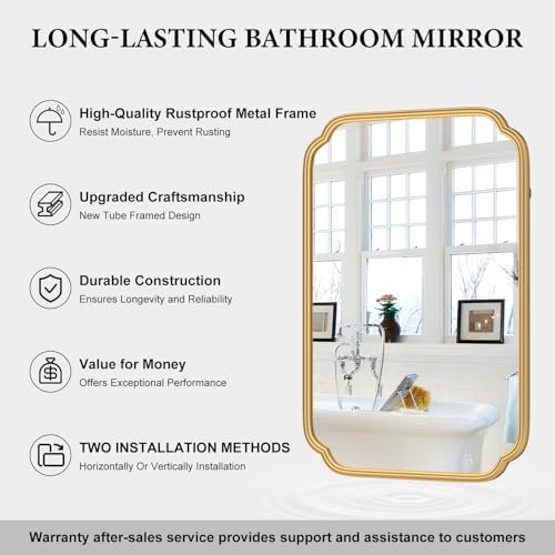 Ferytange Gold Bathroom Mirror for Wall 20" x 30" Modern Rounded Corner Rectangle Mirror with Non-Rusting Iron Metal Framed Bathroom Vanity Mirror for Over Sink Wall Decor(Horizontal/Vertical) - Image 6