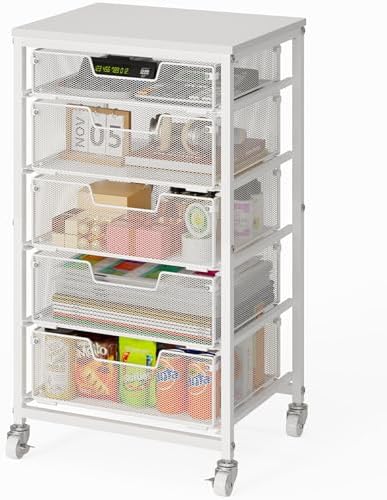 Sbanmao 5 Drawers Rolling Utility Cart, Storage Drawer Cart with Wooden Top, Rolling Storage Cart on Lockable Wheels, Metal Utility Cart & Craft Storage Cart for Bedroom, Classroom, Office, White by shengbaomaoyi