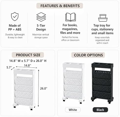 BYFU 5-Tier Movable Bookshelf Cart, 26.0" H, White - Image 3