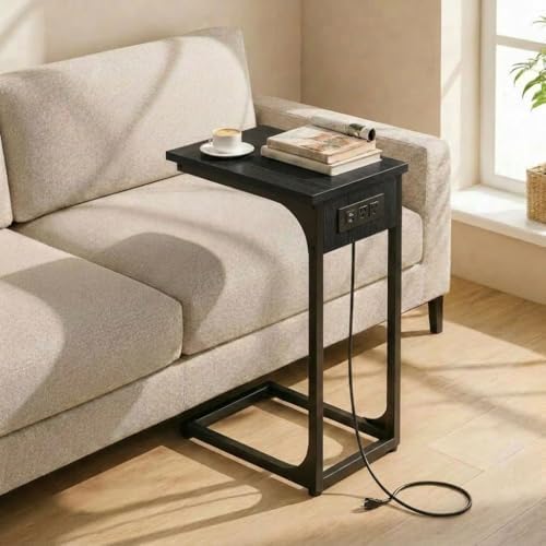 TEMI C Shaped End Table for Couch with Charging Station, Small Side Table TV Tray for Eating or Laptop, Accent Desk for Sofa or Chair, Space Saving Living Room Bedroom, Black by TEMI