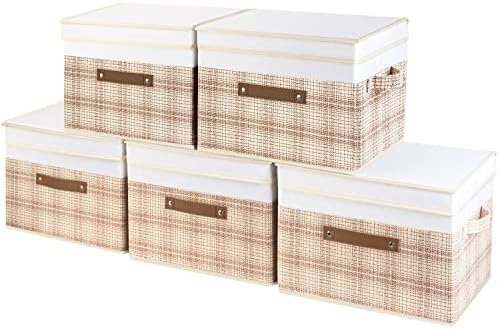 TYEERS Collapsible Storage Bins with Lids, Patchwork Design, Washable, Fabric Storage Boxes, 14.9x9.8x9.8 inches, 5 Pack, Camel Tan by StorageOrganization