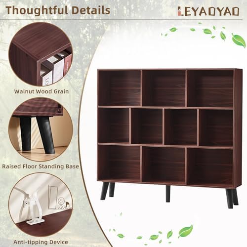 LEYAOYAO 10 Cube Bookshelf, Mid-Century Modern Book Shelf with Legs, Walnut - Image 3