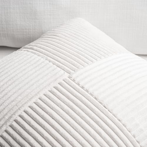 Fancy Homi Set of 2 White Boho Long Lumbar Body Decorative Throw Pillow Cover 14x36 Inch for Bed Couch Bedroom Bench, Soft Patchwork Corduroy Textured Pillow Case, Rustic Farmhouse Room Décor - Image 3