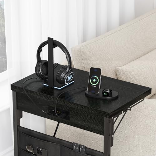 Folding C Table with Charging Station, C Shaped End Table, Sofa Tv Tray Table, Folding Side Table for Sofa, Couch Table with Storage Bag for Living Room, Bedroom Black SC-005B - Image 6