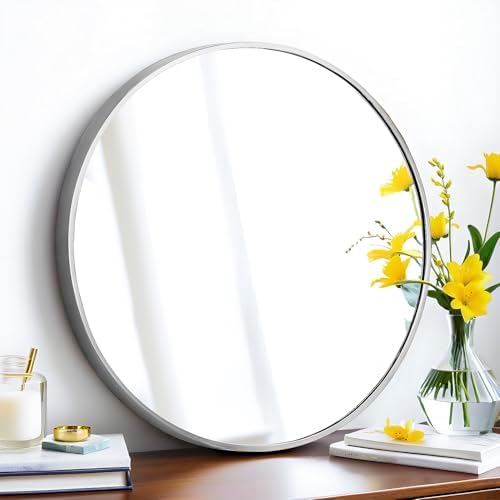 SCWF-GZ 24" Round Mirror Circle Wall Mounted Hanging/Against Wall Silver - Image 7