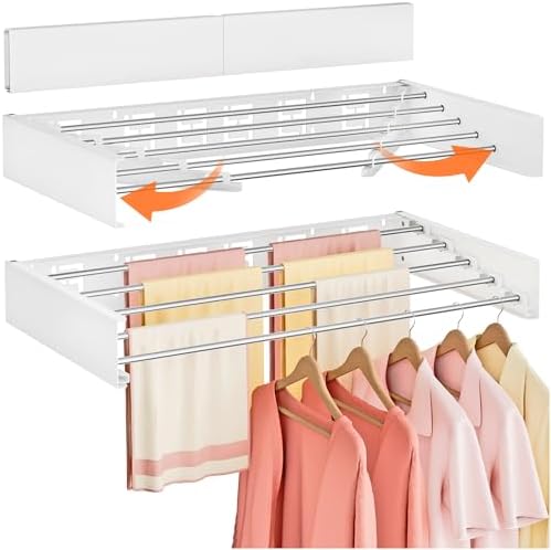 Wall Mounted Clothes Drying Rack Folding Indoor, Foldable Laundry Drying Rack Collapsible,Invisible, Space Saving, Retractable Towel Drying Rack, with Wall Template(5 Drying Rods, White 32") by Vasunray