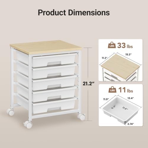 Pipishell Rolling Cart with 5 Drawers, Craft Storage Cart, Class White - Image 3