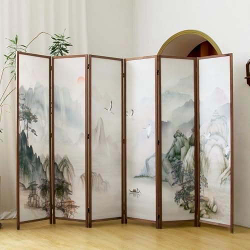 6 Panel Room Divider, 5.6 ft Tall Blackout Folding Privacy Screen - Freestanding Partition Wall with Double-Sided Patterns, Ink-wash Mountain Landscape for Home Office (67" H x 94.5" W) by PawlaBay