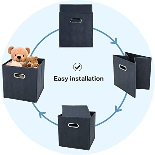 Black Fabric Cubby Storage Bins,13x13x13 Inches ,Cube Organizer Bin Foldable Storage Boxes with Dual Handles Fabric Organizer Box and collapsible Storage basket,Set of 3,Grey - Image 5