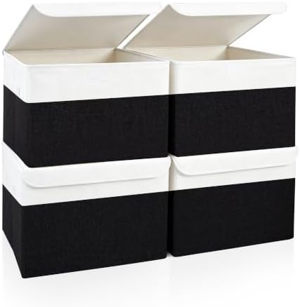 Bagnizer Large 22 Quart Linen Fabric Foldable Storage Bin Cube Organizer Basket with Flip-Top Lid & Handles, Clothes Blanket Box for Home, Office, Closet, Black & White, 4 Pack 14.6 x 9.5 x 9.5 by Bagnizer