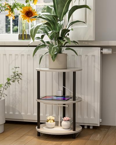 XBurmo Small Round End Table - 3 Tier Design Accent Table, Narrow Side or Bedside Stand, Industrial Vintage Table for Small Spaces, Built-in USB Ports and Power Outlet, Greige - Image 7