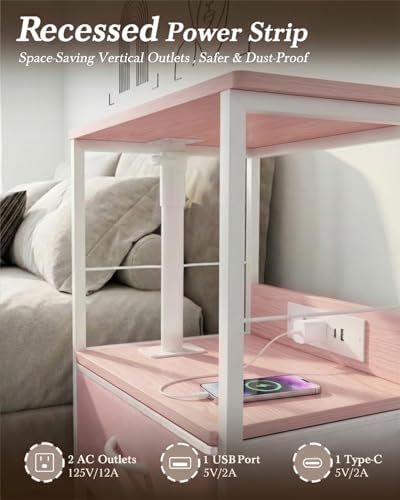 Faesun Swivel Lift Top Nightstand with Charging Station, Rolling Side Table for Recliner, Bedside Table with Wheels & 2 Fabric Drawers, for Small Spaces, for Bedroom, Living Room, Pink - Image 6