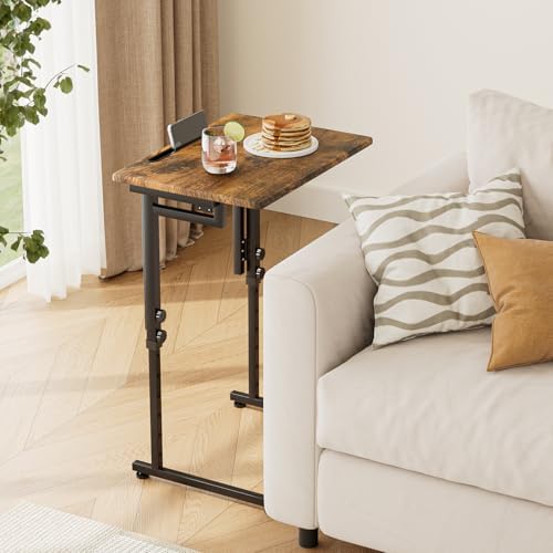 Adjustable Folding TV Tray Table,TV Dinner Small Foldable C-Shaped End Table for Eating,6 Height Adjustable Slide Under Couch Side with Sturdy MDF Top,No Assembly(Brown,2Pcs) - Image 2