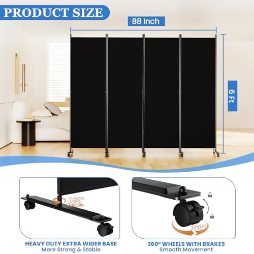 SUNALLY Room Divider Privacy Screens, 4 Panels Dividers with Wheels, Black - Image 2