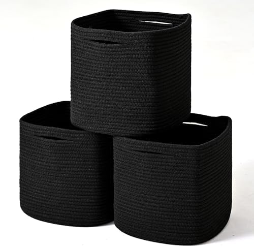 11 Inch Cube Storage Bins, 11x11 Cube Storage Bins for Cube Organizer, Square Cloth Storage Cubes, Black Woven Storage Baskets for Shelves, Toy Baskets Storage Kids, Black (Pack of 3) by Unknown