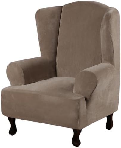 H.VERSAILTEX Wingback Chair Covers Velvet Plush Wing Chair Slipcover 1 Piece High Stretch Wing Back Chair Slipcovers Sofa Cover Furniture Cover with Elastic Bottom, Mocha by HVERSAILTEX