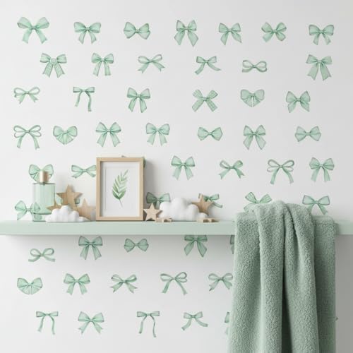 60Pcs Watercolor Bowtie Wall Stickers - Coquette Aesthetic Vinyl Decals for Room Decor in Light Pink, Sky Blue, Mint Green, Lavender Peel and Stick Nursery, Bedroom, Kindergarten Wall Art (Green) by Unknown