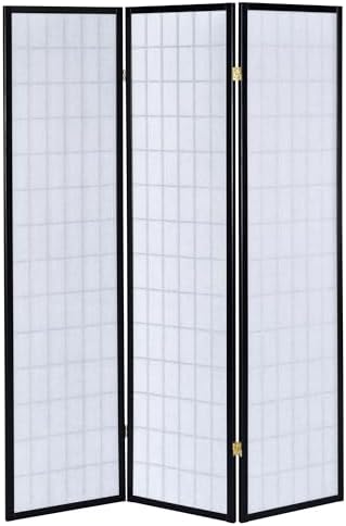 Coaster Home Furnishings - Carrie - Solid Wood - 3-Panel Folding Shoji Screen Room Divider with Black Frame, Linear Grid Design and Metal Hinges - Living Room - Black and White - 4622 - Image 5