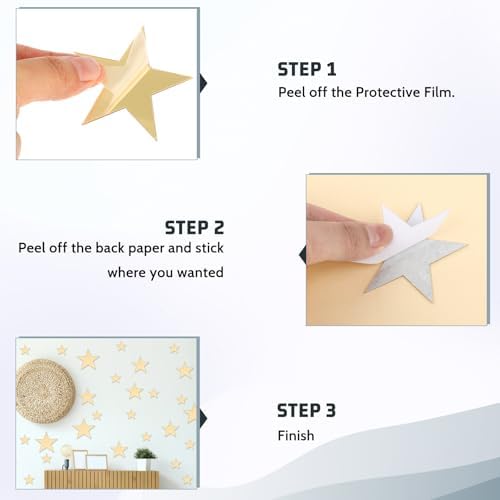 Dimeho 40 Pcs Gold Stars Mirror Wall Stickers, Removable Star Wall Decals 3D Acrylic Mirror Walls Decorations Star Stickers Adhesive Art Decal for Bedroom Living Room Home Walls DIY Decor (Gold Stars) - Image 3