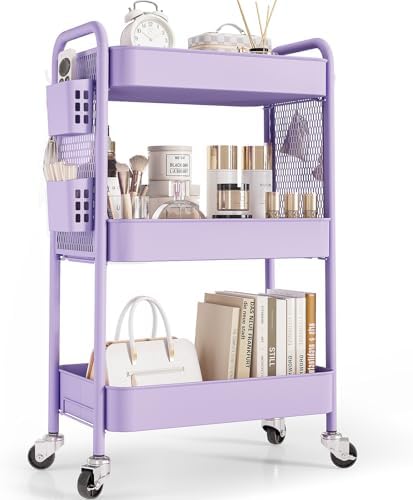 TOOLF 3 Tier Rolling Cart Storage Organizer, Metal Rolling Utility Cart with Wheels, Hooks & Bins Esthetician Craft Art Sturdy Storage with Pegboard for Bathroom, Kitchen, Office, Nursery Diaper by TOOLF