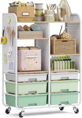 APEXCHASER 6 Drawers Rolling Storage Cabinet with Wood Top& Pegboards Green by APEXCHASER