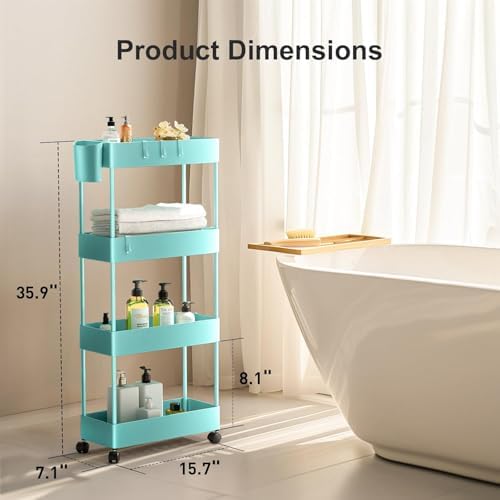 Pipishell 4 Tier Slim Storage Cart with Wheels, Laundry Cart, Turquoise - Image 2