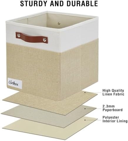 Bagnizer Collapsible Fabric Storage Cube Bins with 2 Reinforced PU Handles, Foldable Storage Organizer Baskets for Closet, Shelves, Living Room | 11"x11"x11", 4 Pack, Beige & White - Image 5