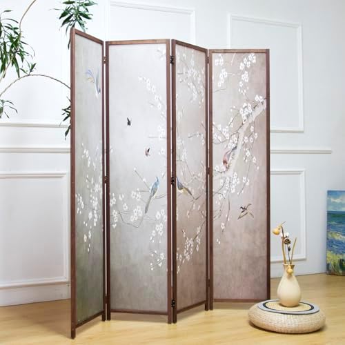 4 Panel Room Divider, 5.6 ft Tall Blackout Folding Privacy Screen - Double-Sided Freestanding Partition Wall with Different Patterns, Classic Plum and Bird Artwork for Home Office - Image 3